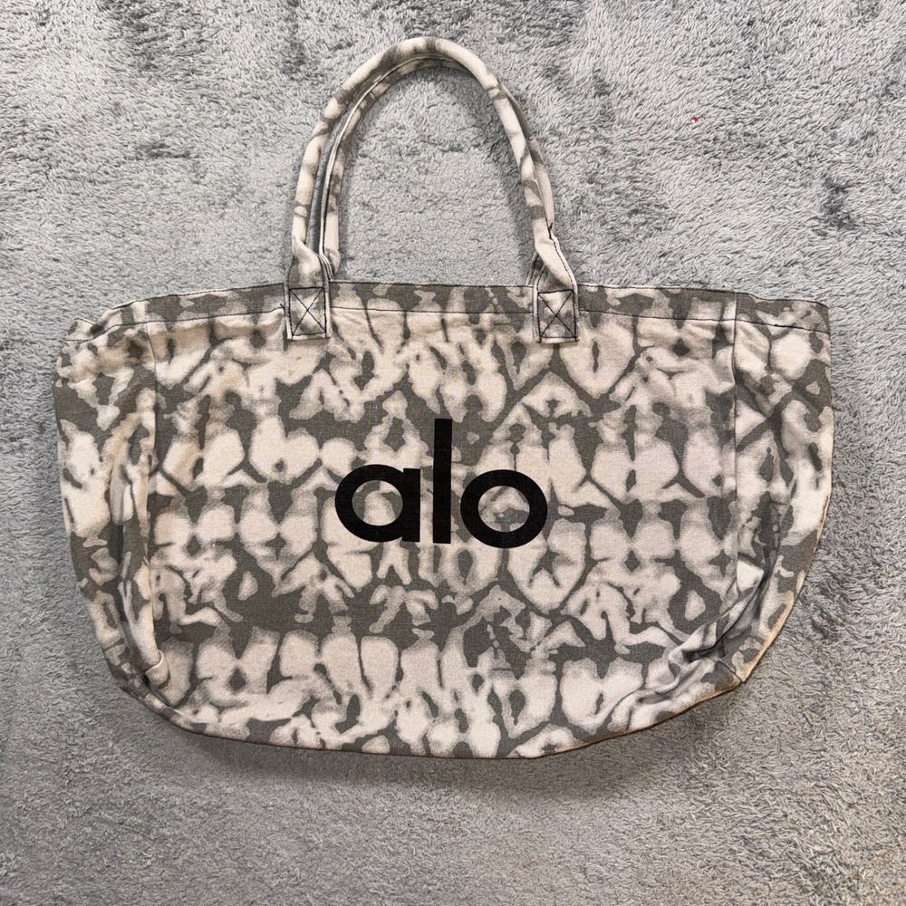 Alo Yoga Unisex Tie Dye Canvas Tote Bag Large Gray White Logo Print